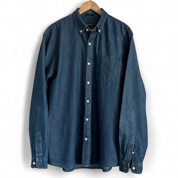 Frank & Oak Clark Dark Denim Blue Casual Button Down Shirt - Picture 1 of 2